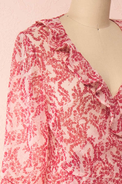 Steren Pink Floral Translucent Blouse w/ Frills | Boutique 1861 side close-up