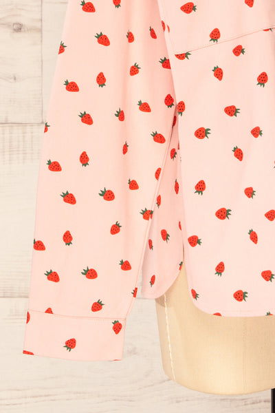 Strawberries Oversized Patterned Denim Shirt | La petite garçonne bottom close-up
