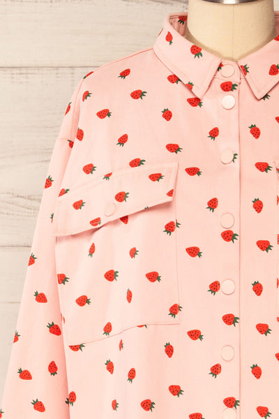 Strawberries Oversized Patterned Denim Shirt | La petite garçonne front close-up