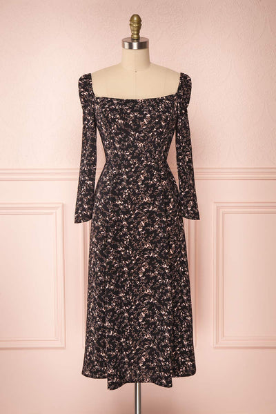 Sunagawa Black Floral Midi A-Line Dress | Boutique 1861 front view