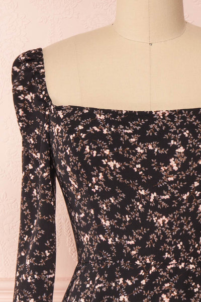 Sunagawa Black Floral Midi A-Line Dress | Boutique 1861 front close-up