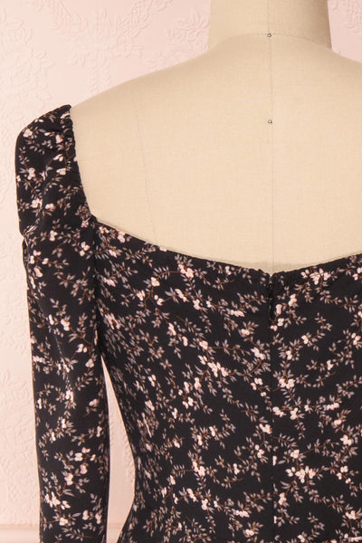 Sunagawa Black Floral Midi A-Line Dress | Boutique 1861 back close-up