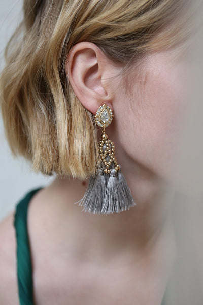 Supersum Crystal & Grey Tassel Pendant Earrings | Boutique 1861