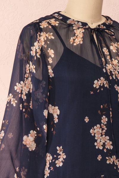 Sussen Navy Blue Floral A-Line Short Dress | Boutique 1861 side close-up