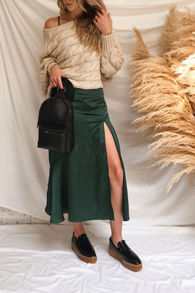 Athy Green V-Neck Midi Satin Dress | La petite garçonne model look