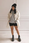 Vaagen Cream Oversized Velvet Shirt Jacket | La petite garçonne model