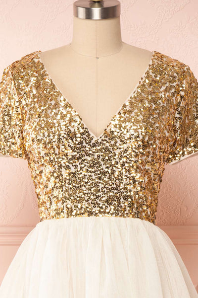 Sydalie Or Gold Sequin & Tulle A-Line Party Dress front close up | Boutique 1861