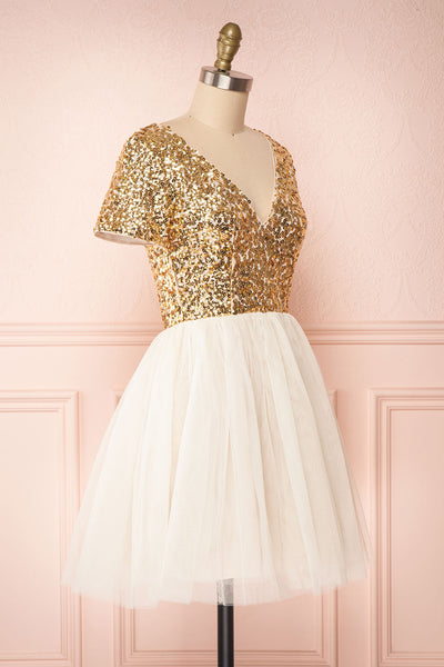 Sydalie Or Gold Sequin & Tulle A-Line Party Dress side view | Boutique 1861