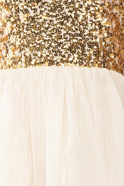 Sydalie Or Gold Sequin & Tulle A-Line Party Dress detail close up | Boutique 1861