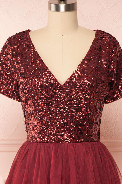Sydalie Rouge Burgundy Sequin A-Line Party Dress front close up | Boutique 1861
