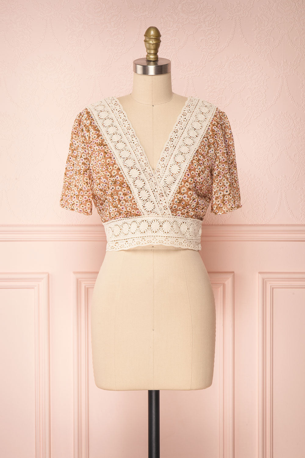 Synnove Ochre Floral Crop Top with Crocheted Lace | FRONT VIEW | Boutique 1861