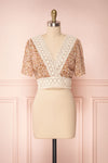 Synnove Ochre Floral Crop Top with Crocheted Lace | FRONT VIEW | Boutique 1861