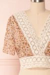 Synnove Ochre Floral Crop Top with Crocheted Lace | FRONT CLOSE UP | Boutique 1861
