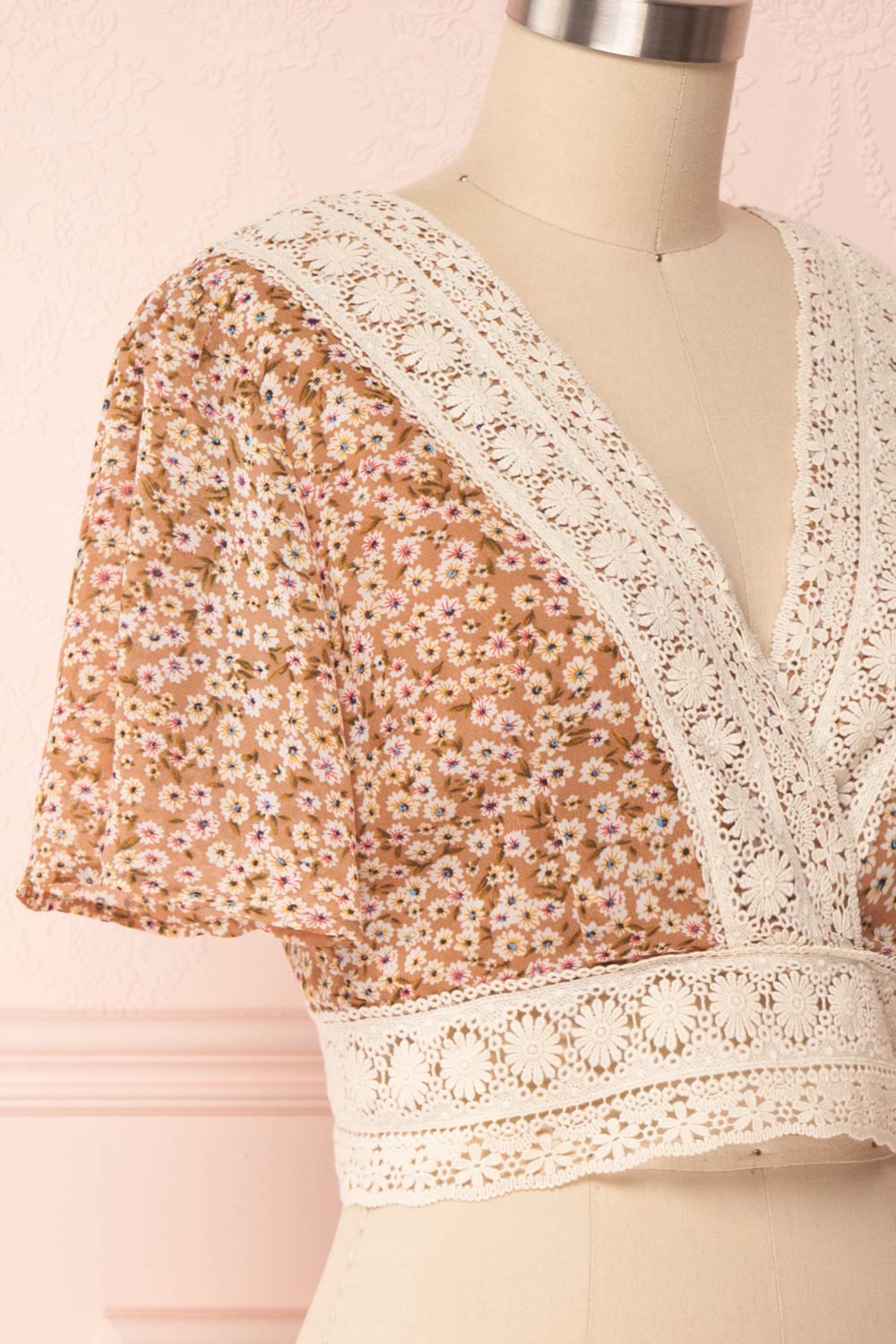  Synnove Ochre Floral Crop Top with Crocheted Lace | SIDE CLOSE UP | Boutique 1861