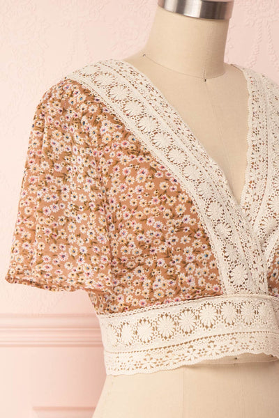 Synnove Ochre Floral Crop Top with Crocheted Lace | SIDE CLOSE UP | Boutique 1861