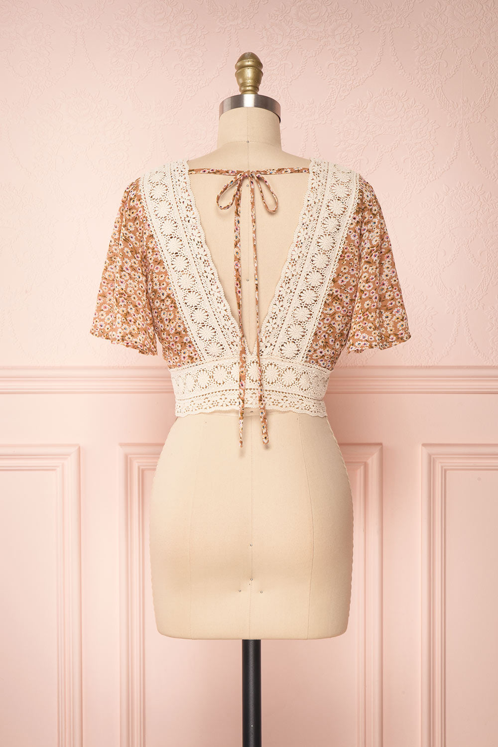 Synnove Ochre Floral Crop Top with Crocheted Lace| BACK VIEW | Boutique 1861