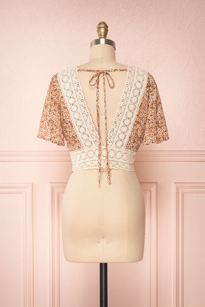 Synnove Ochre Floral Crop Top with Crocheted Lace| BACK VIEW | Boutique 1861