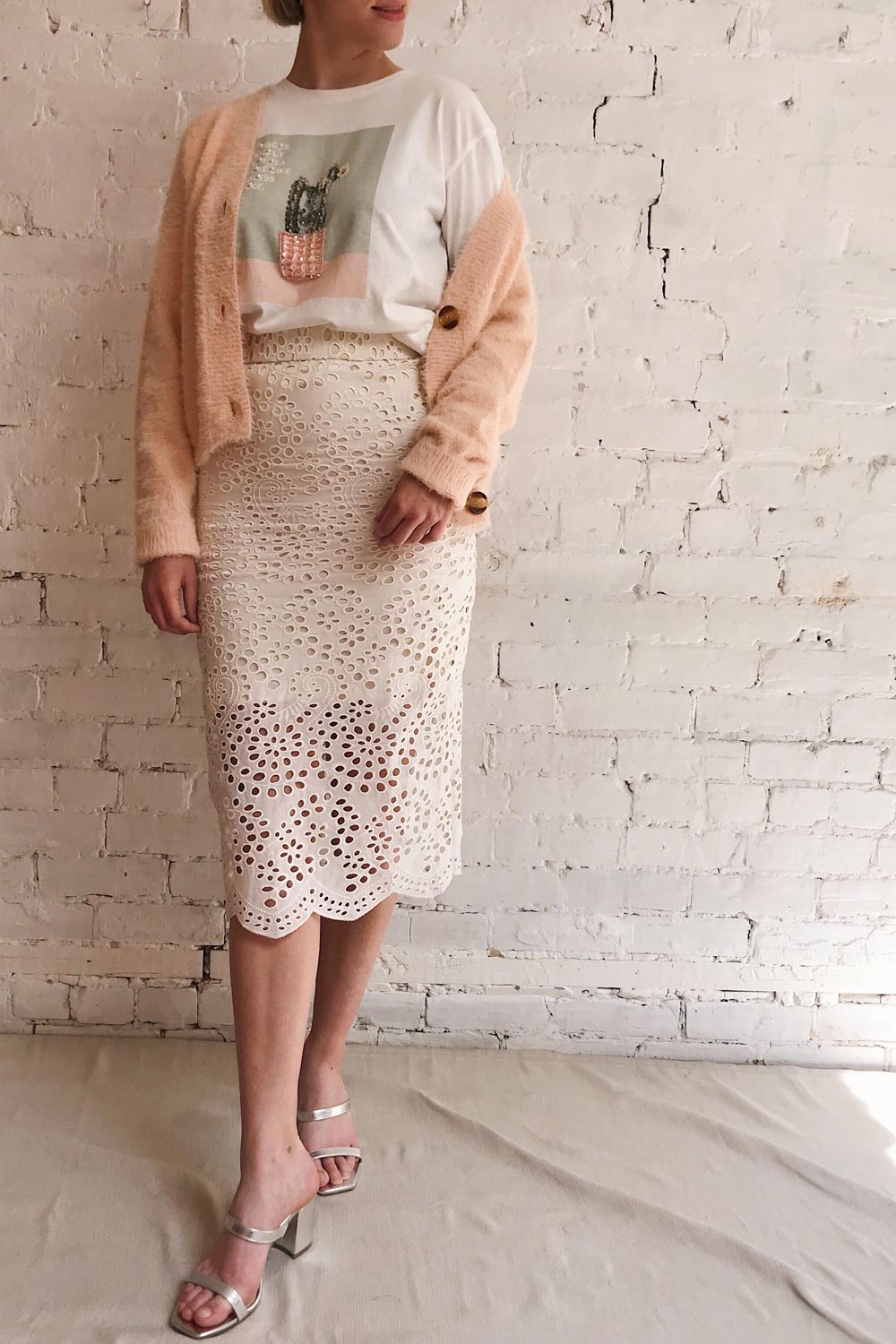 Aubane Cream Lace Midi Skirt w/ Back Slit | Boutique 1861 model look