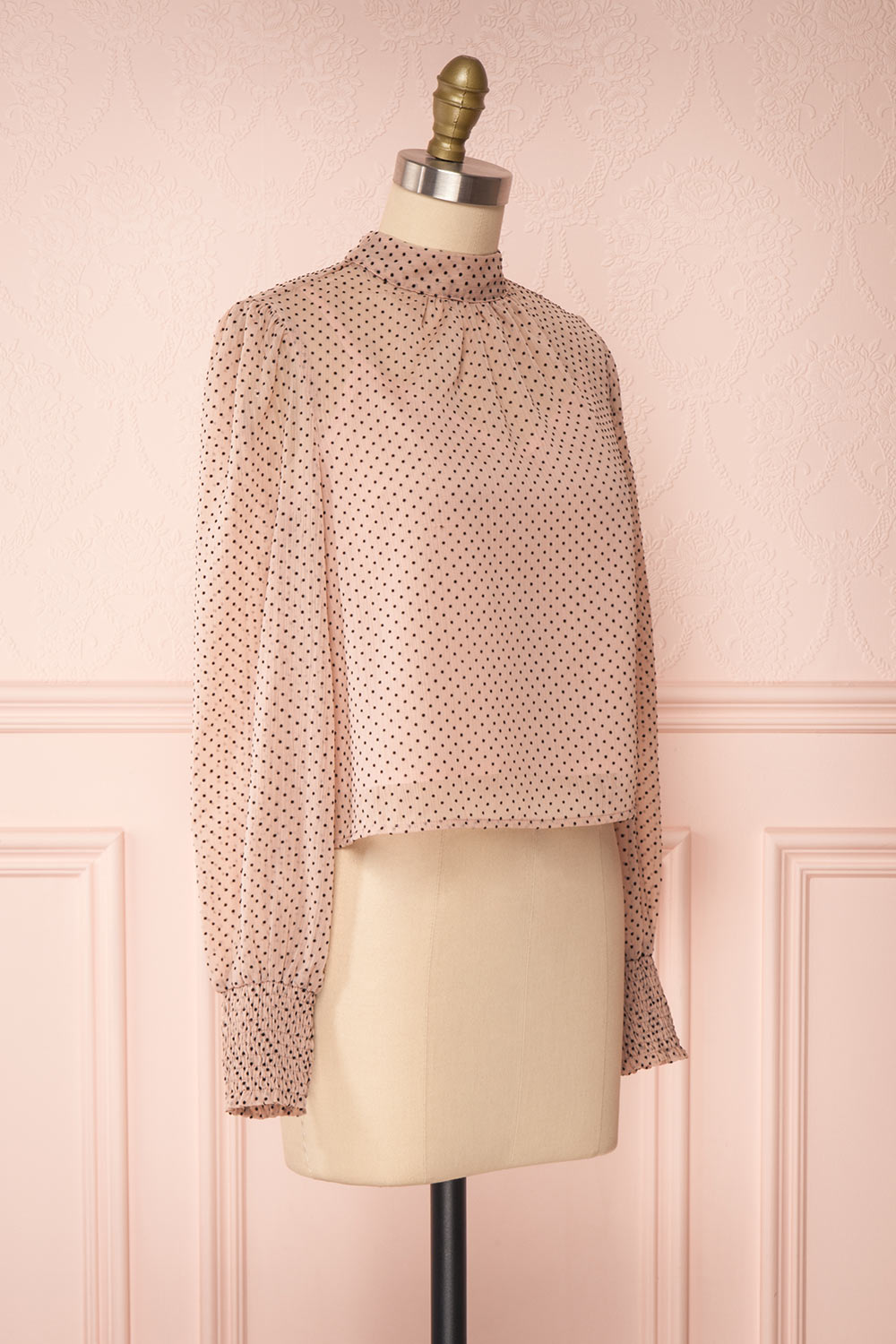Tajimi Pink Polkadot Long Sleeved Blouse side view | Boutique 1861