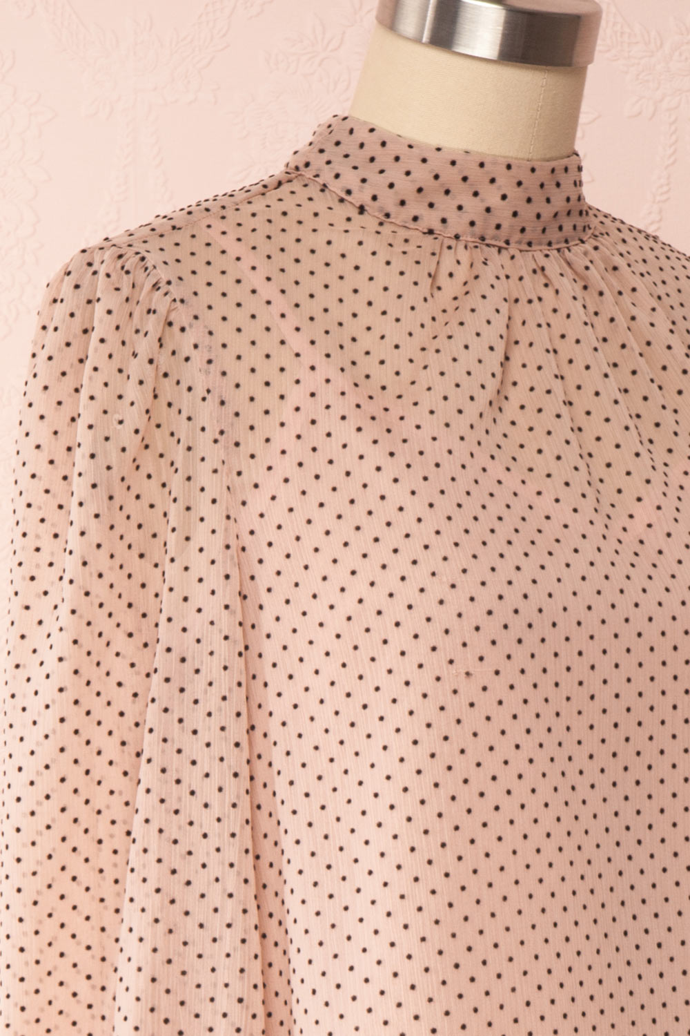 Tajimi Pink Polkadot Long Sleeved Blouse side close up | Boutique 1861