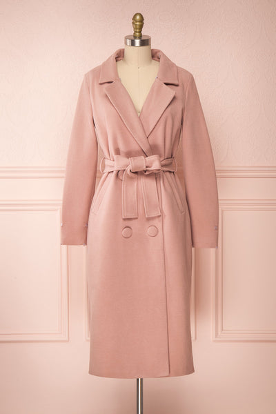 Tallulah Dusty Pink Coat with Faux-Fur | Boutique 1861 front view belt