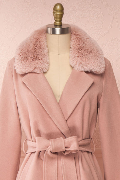 Tallulah Dusty Pink Coat with Faux-Fur | Boutique 1861 front close-up fur belt