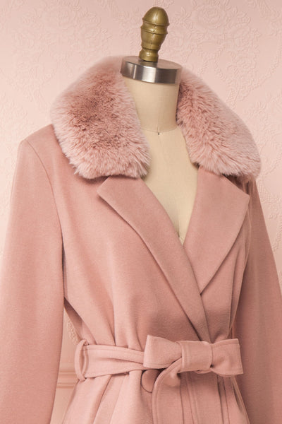 Tallulah Dusty Pink Coat with Faux-Fur | Boutique 1861 side close-up