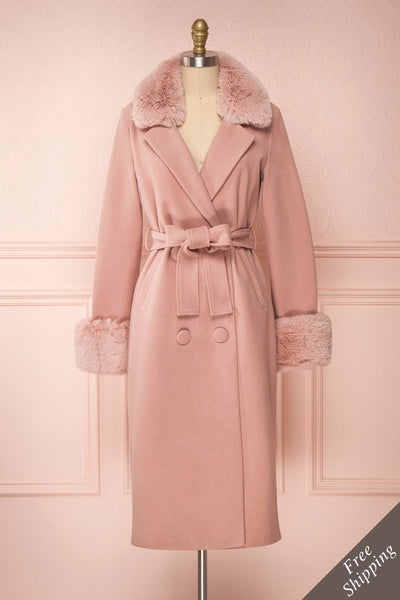 Tallulah Dusty Pink Coat with Faux-Fur | Boutique 1861 front view fur belt