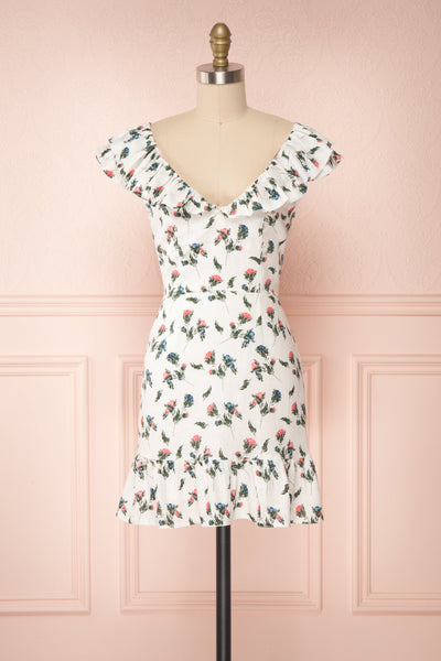 Tangela White Floral Short Dress w/ Frills | Boutique 1861 front view