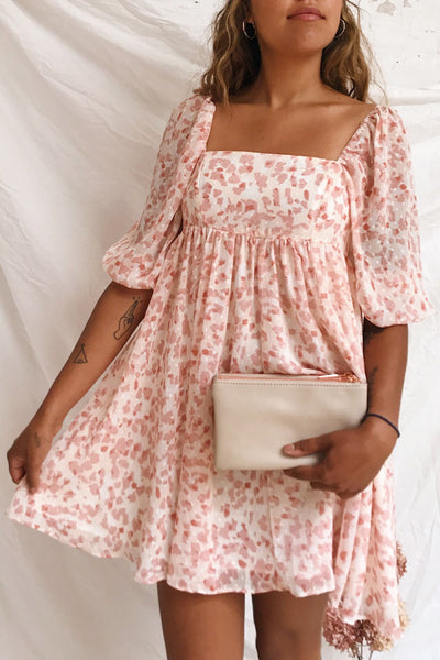 Taraneh White & Pink Short Chiffon Dress | Boutique 1861 model close up