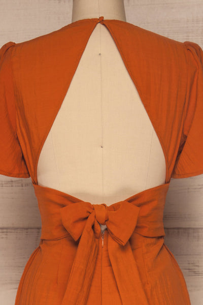 Tarja Rust Orange Short Sleeve Jumpsuit | La petite garçonne back close-up