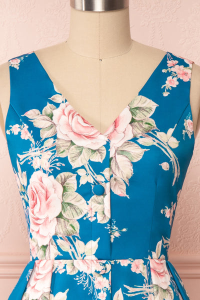 Taryn Blue Teal Floral A-Line Midi Dress front close up | Boutique 1861