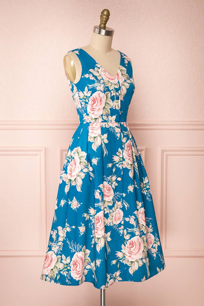 Taryn Blue Teal Floral A-Line Midi Dress side view | Boutique 1861