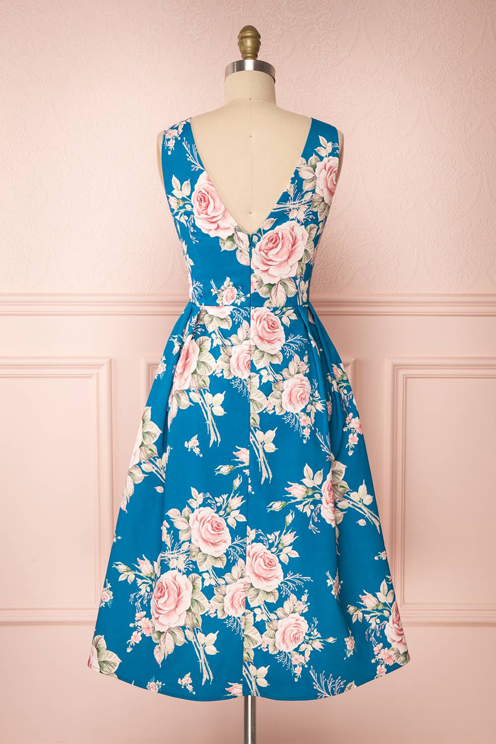 Taryn Blue Teal Floral A-Line Midi Dress back view | Boutique 1861