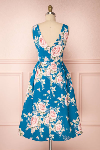 Taryn Blue Teal Floral A-Line Midi Dress back view | Boutique 1861