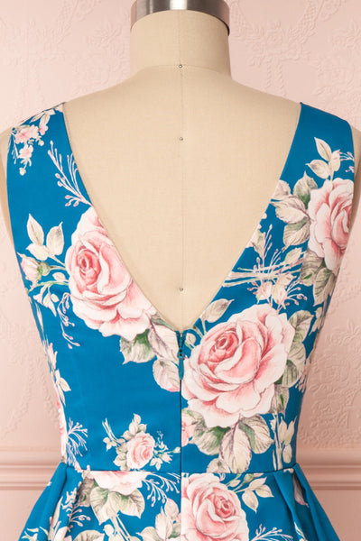 Taryn Blue Teal Floral A-Line Midi Dress back close up | Boutique 1861