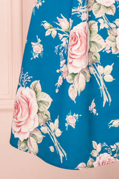 Taryn Blue Teal Floral A-Line Midi Dress skirt | Boutique 1861
