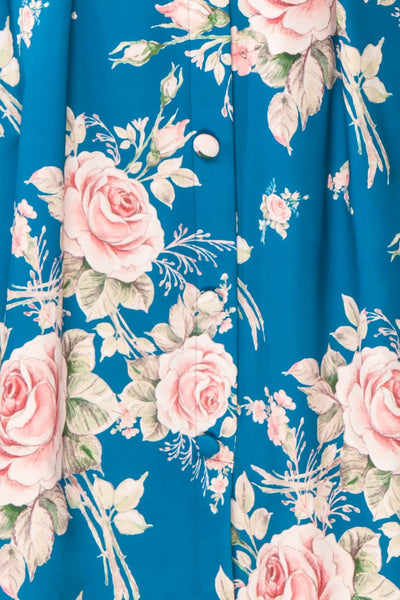 Taryn Blue Teal Floral A-Line Midi Dress fabric | Boutique 1861