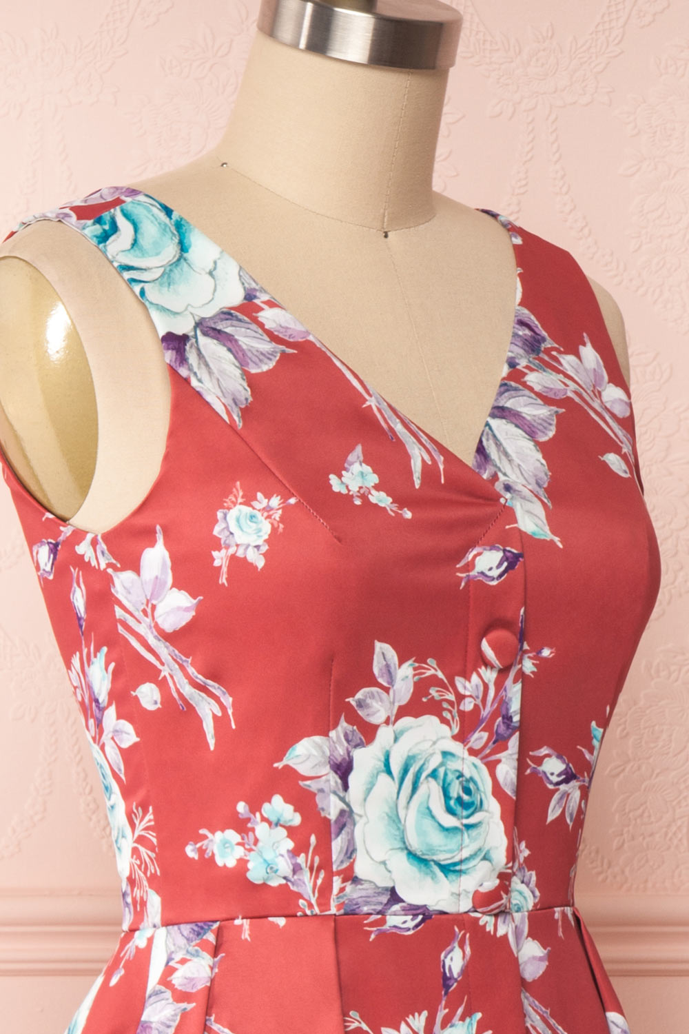 Taryn Red Teal Floral A-Line Midi Dress side close up | Boutique 1861