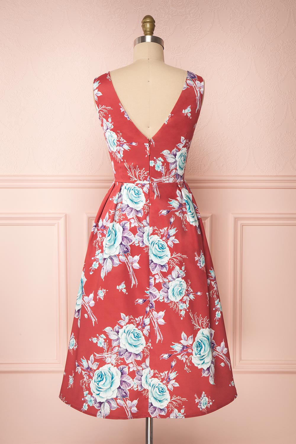 Taryn Red Teal Floral A-Line Midi Dress back view | Boutique 1861