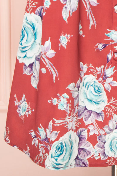 Taryn Red Teal Floral A-Line Midi Dress skirt | Boutique 1861