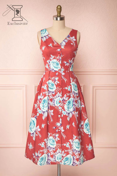 Taryn Red Teal Floral A-Line Midi Dress front view | Boutique 1861