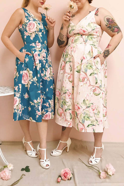 Taryn Pink Floral Print A-Line Midi Dress | Boutique 1861 on model