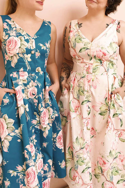Taryn Red Floral Print A-Line Midi Dress | Boutique 1861 model close up