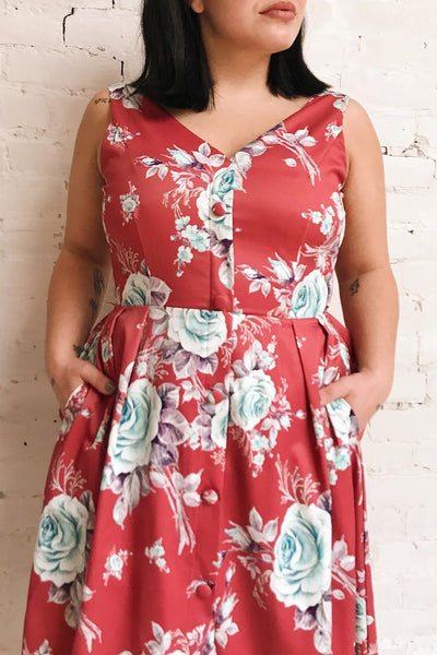 Taryn Red Floral Print A-Line Midi Dress | Boutique 1861 model close up1