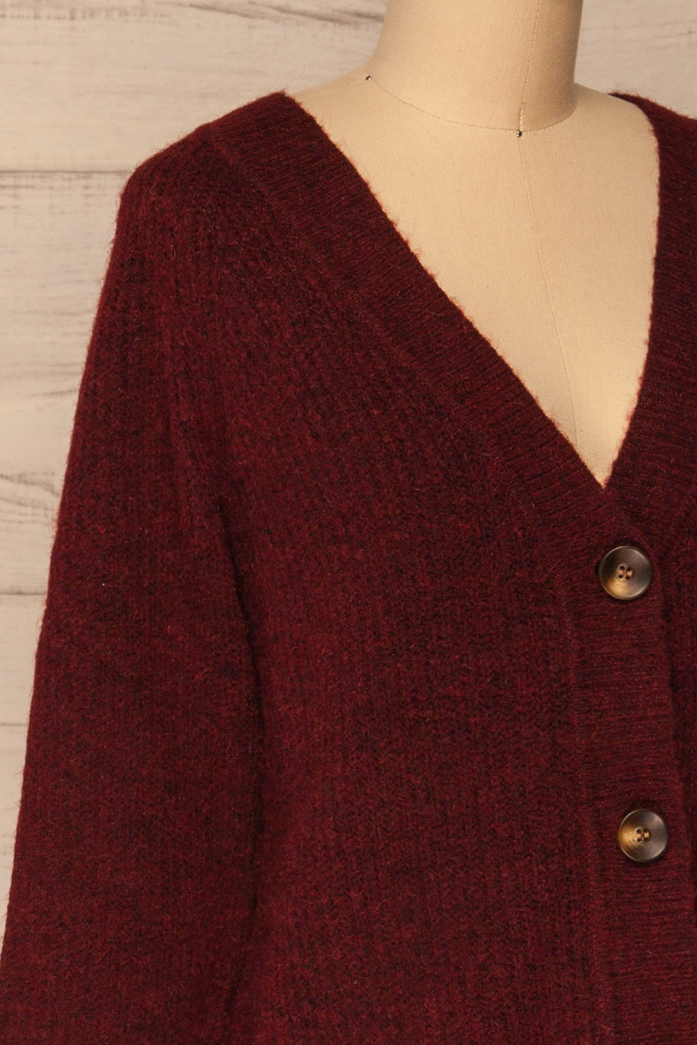 Telde Burgundy Button-Up Cardigan | La petite garçonne side close-up