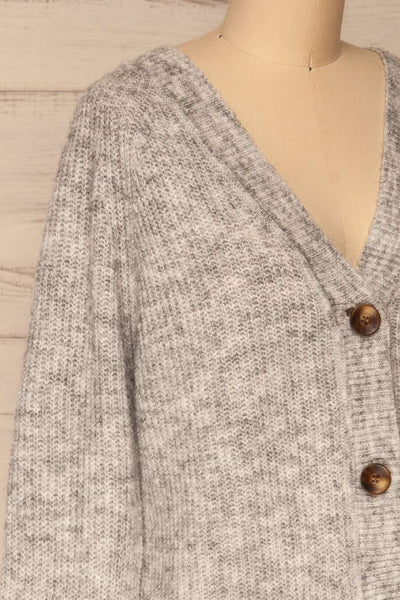 Telde Grey Long Sleeve Button-Up Cardigan | La petite garçonne side close-up