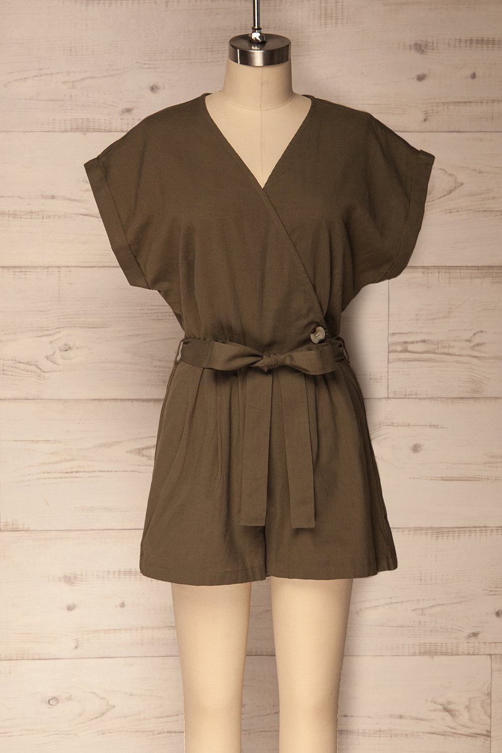 Tencin Khaki Wrap Neckline Linen Blend Romper | La Petite Garçonne