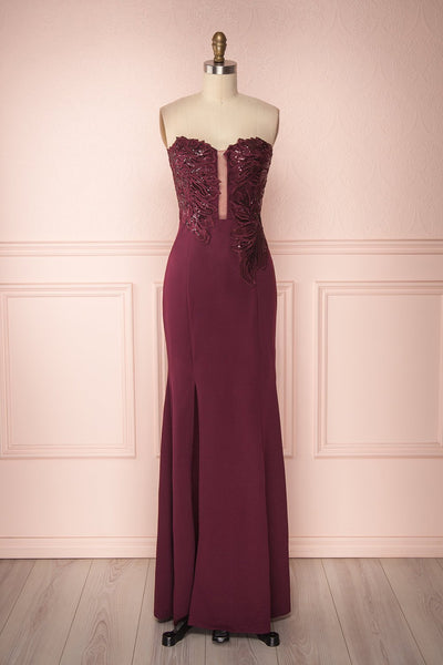 Tepua Burgundy Sequined Bustier Mermaid Gown | Boutique 1861 front view