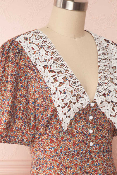 Tereza Brown Short Sleeve V-Neck Midi Dress | Boutique 1861 side close up